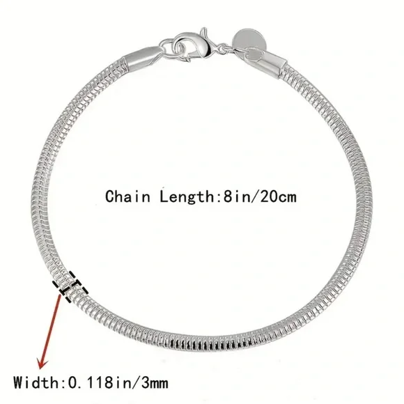 925 Sterling Silver Bracelet, 3mm Snake Chain , Minimalist ,Shiny Silver Finish - Picture 4 of 4